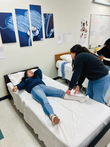 La estudiante de último año Natalie Medina (derecha) practica poniéndose un calcetín de compresión a su compañera de último año, Bianca Fierro.